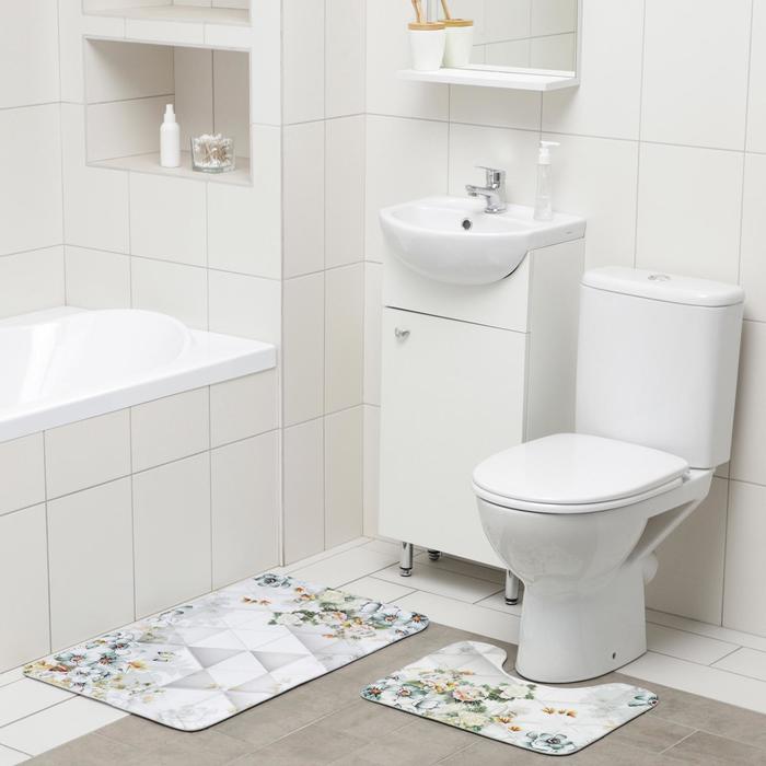 Набор ковриков для ванны и туалета Доляна «Геометрия цветов», 2 шт: 50×80, 40×50 см