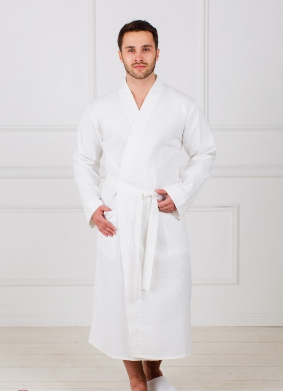 Мужской вафельный халат с планкой (Белый)